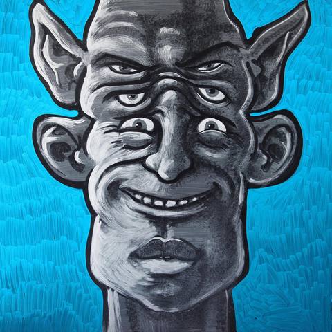 Kopf mit vier Augen und Spitzohren, vor Blau
