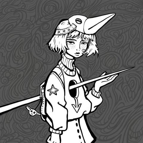 Girl with a bird cap and a spear