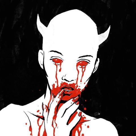 Gehörnte Frau mit blutenden Augen, Rot-Schwarz-Weiss