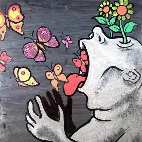 Kopf mit Blume, Schmetterlinge