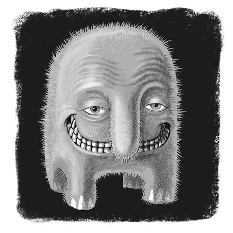 Digital drawing in grey: grinning creature with an elongated head